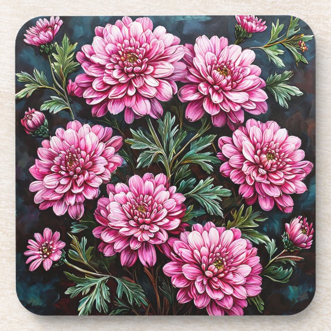 Vibrant Pink Chrysanthemums Coaster (Front)