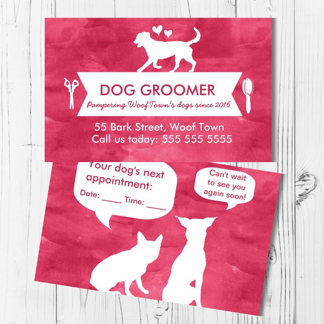 Vibrant Pink Dog Groomer Appointment Reminder Business Card (Creator Uploaded)