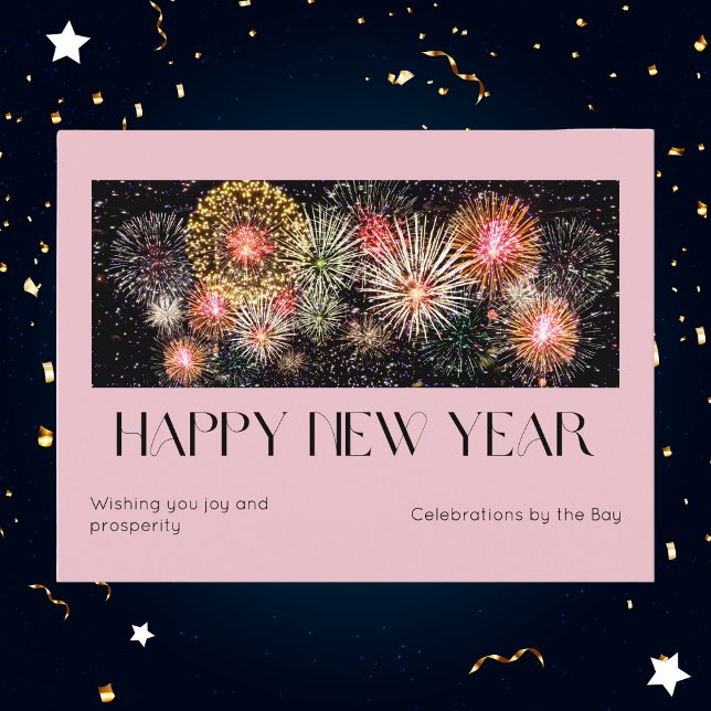 Vibrant Pink Fireworks Happy New Year Celebration Holiday Postcard (Creator Uploaded)