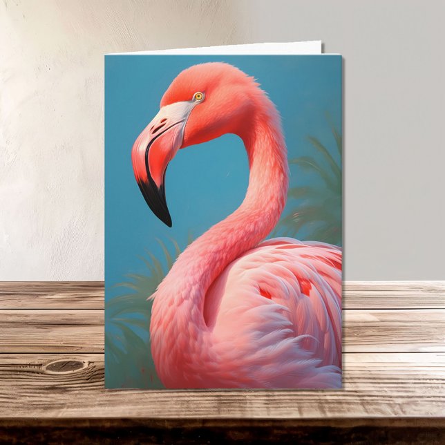 Vibrant Pink Flamingo on a Sky Blue Background Card (Creator Uploaded)