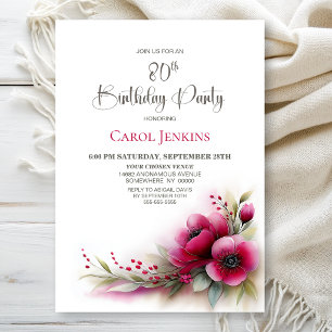Vibrant Pink Floral 80th Birthday Party Invitation