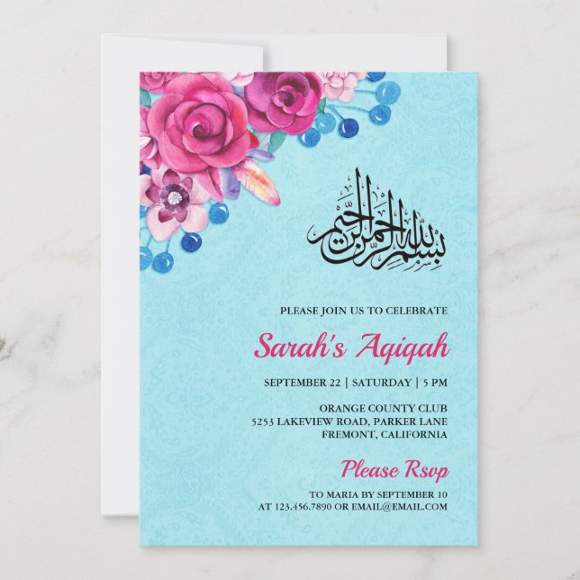 Vibrant Pink Floral Baby Girl Aqiqah Invitation (Front)