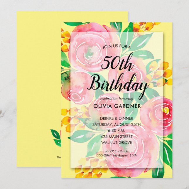 Vibrant Pink Floral Birthday Invitations (Front/Back)
