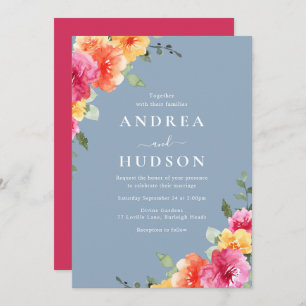 Vibrant Pink Floral Dusty Blue Wedding Invitation