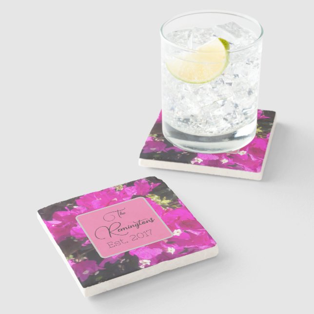 Vibrant Pink Floral Family Name Stone Coaster (Side)