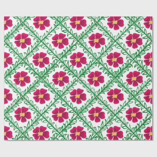 Vibrant Pink Floral & Green Lattice Wrapping Paper