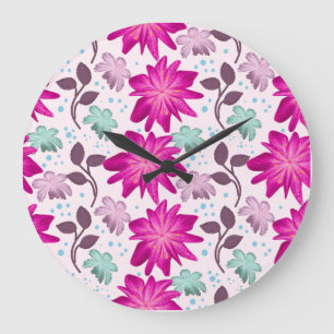 Vibrant Pink Floral Pattern Bold Modern Flowers Large Clock