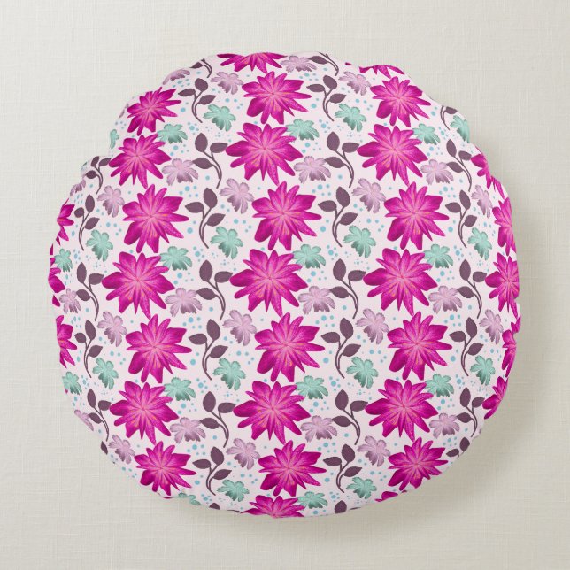Vibrant Pink Floral Pattern | Bold Modern Flowers  Round Cushion (Front)