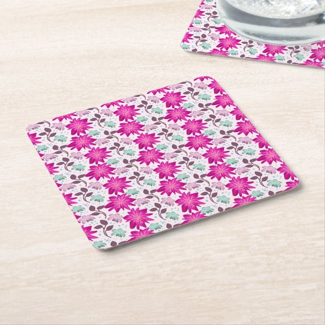 Vibrant Pink Floral Pattern | Bold Modern Flowers  Square Paper Coaster (Angled)