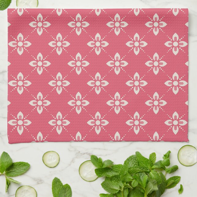 Vibrant Pink Floral Pattern with Geometric Flowers Tea Towel (Folded)