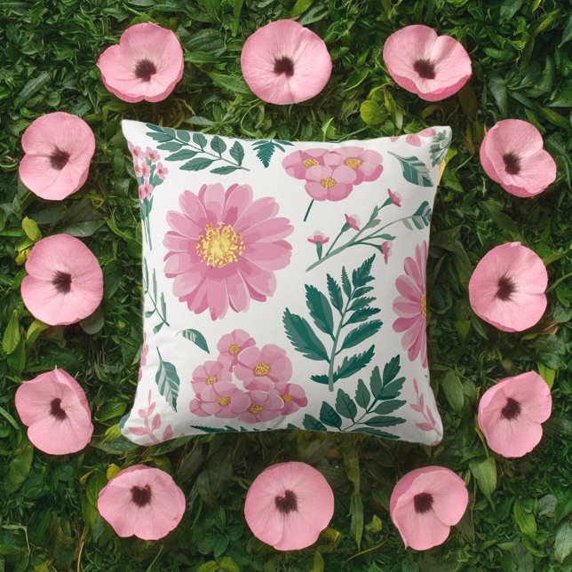 Vibrant Pink Floral Pattern with Lush Greenery Cushion (Creator Uploaded)