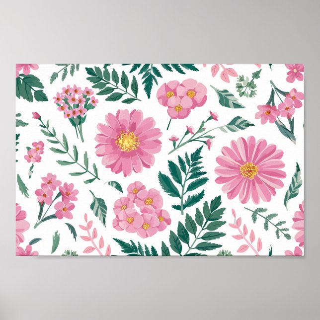 Vibrant Pink Floral Pattern with Lush Greenery Poster (Front)