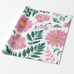 Vibrant Pink Floral Pattern with Lush Greenery Wrapping Paper