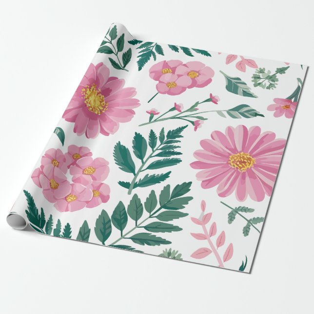 Vibrant Pink Floral Pattern with Lush Greenery Wrapping Paper (Unrolled)