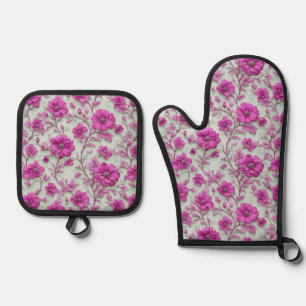 Vibrant Pink Floral Pattern With Magenta Flowers Oven Mitt & Pot Holder Set