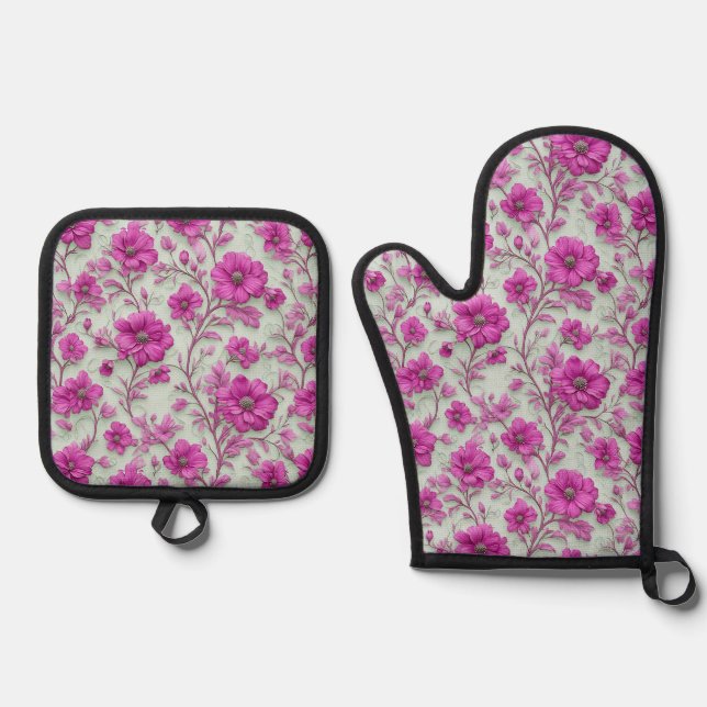 Vibrant Pink Floral Pattern With Magenta Flowers Oven Mitt & Pot Holder Set (Front)