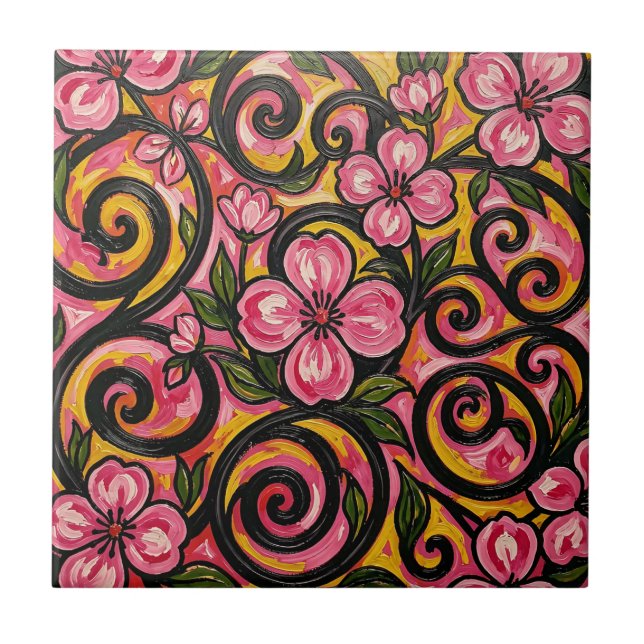 Vibrant Pink Floral Swirl Art Tile (Front)