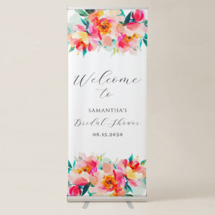 Vibrant Pink Floral Watercolor Bridal Shower Retractable Banner