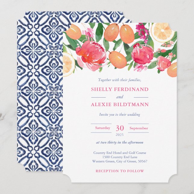 Vibrant Pink Florals Citrus Dark Blue Tile Wedding Invitation (Front/Back)