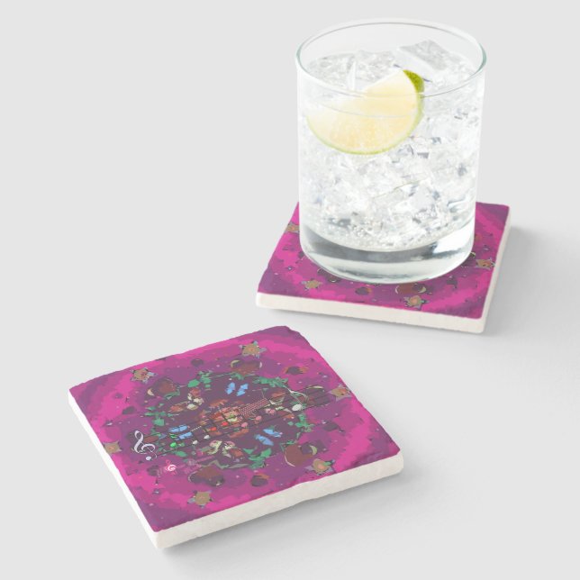 Vibrant Pink Flowers & Music Marble Stone Coaster (Side)