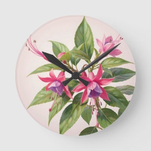 Vibrant Pink Fuchsia Flower Round Clock