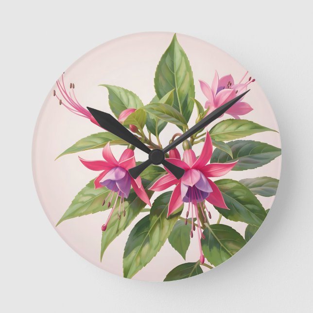Vibrant Pink Fuchsia Flower  Round Clock (Front)