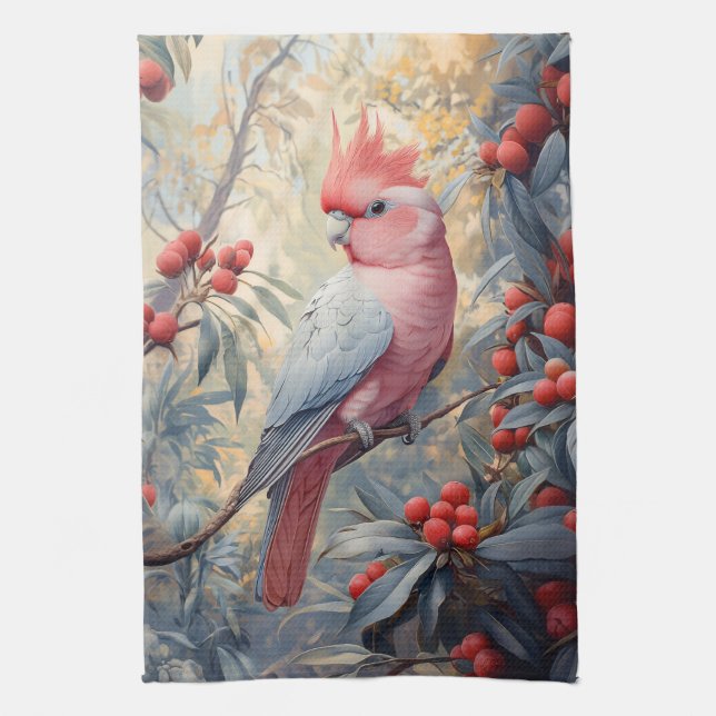 Vibrant Pink Galah Cockatoo Tea Towel (Vertical)
