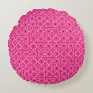 Vibrant Pink Geometric Floral Cross Patterns Round Cushion