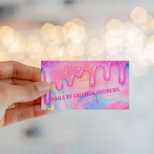 Vibrant Pink Glitter Drip Art for Nail Design Business Card