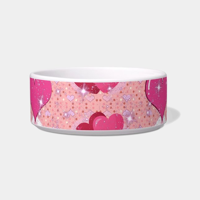 Vibrant Pink Glitter Hearts Design Bowl (Front)