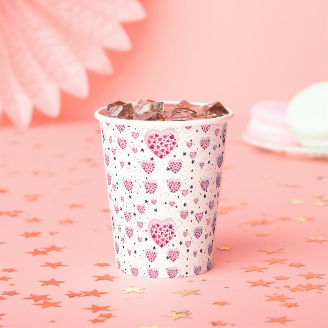 Vibrant Pink Glitter Hearts Design Paper Cups (Insitu)