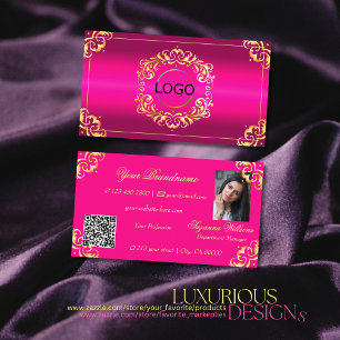 Vibrant Pink Gold Ornate Logo Photo and QR Code Business Card