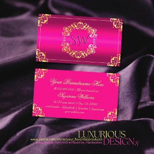 Vibrant Pink Gold Ornate with Monogram Sumptuous Business Card