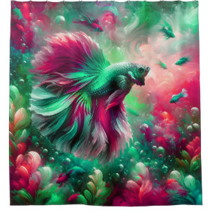 “Vibrant Pink & Green Betta Fish Art” Shower Curtain