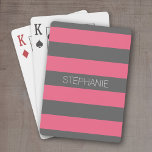 Vibrant Pink & Grey Rugby Stripes with Custom Name Playing Cards<br><div class="desc">Fruit punch pinks and a charcoal grey -- A simple pattern for the sporty girl in your family. A bold and modern design with an area for customised text. If you need to adjust the artwork or change the font, you can click on the customise area. This will take you...</div>