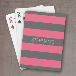 Vibrant Pink & Grey Rugby Stripes with Custom Name Playing Cards