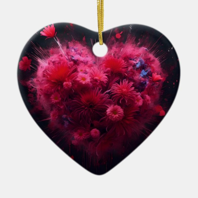Vibrant Pink Heart Burst Ceramic Tree Decoration (Front)