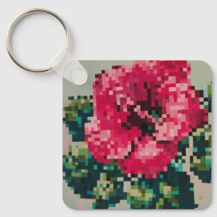 Vibrant pink hibiscus pixel art key ring