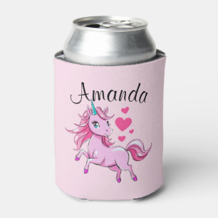 Vibrant Pink Jumping Unicorn Girl Name Can Cooler