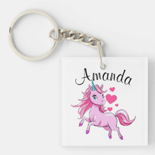 Vibrant Pink Jumping Unicorn Girl Name Key Ring
