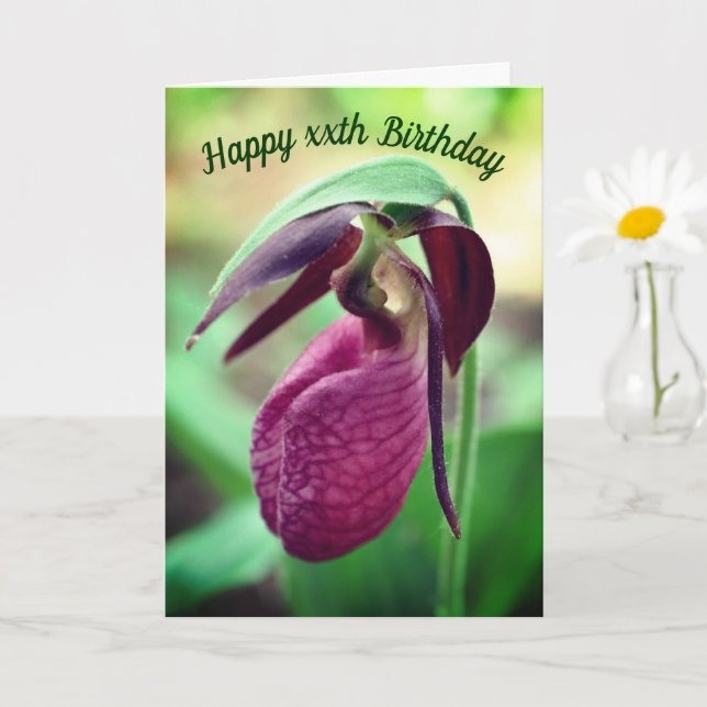 Vibrant Pink Lady Slipper Personalised Birthday  Card (Small Plant)
