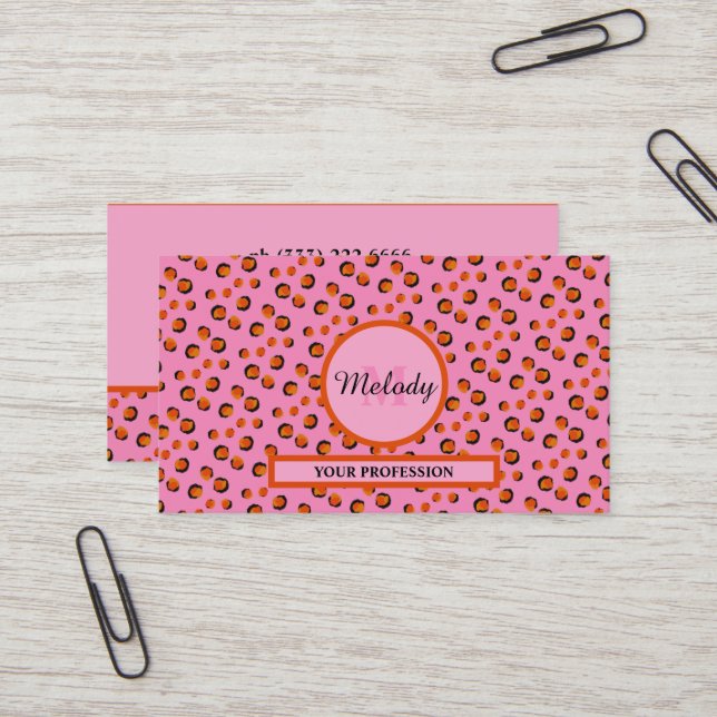 vibrant pink  Leopard Animal Print Monogram  Business Card (Front/Back In Situ)