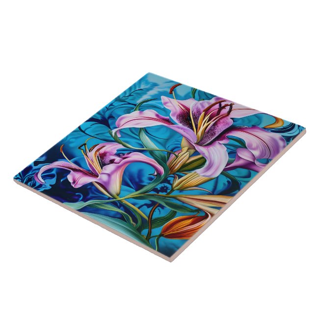 Vibrant Pink Lilies Against a Blue Background Tile (Side)