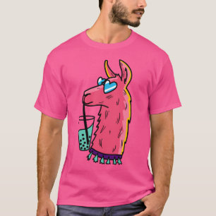 Vibrant Pink Llamma Drinking Boba Tea Wearing Blue T-Shirt