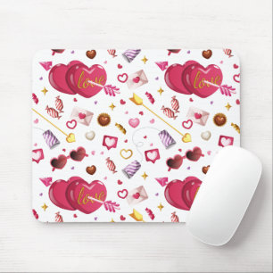 Vibrant Pink Love Heart & Sweet Candies Pattern Mouse Mat