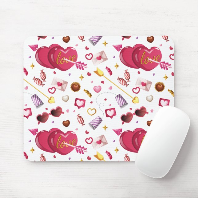Vibrant Pink Love Heart & Sweet Candies Pattern Mouse Mat (With Mouse)
