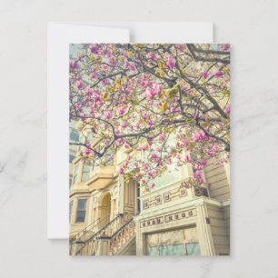Vibrant Pink Magnolia Tree and Victorian House Postcard