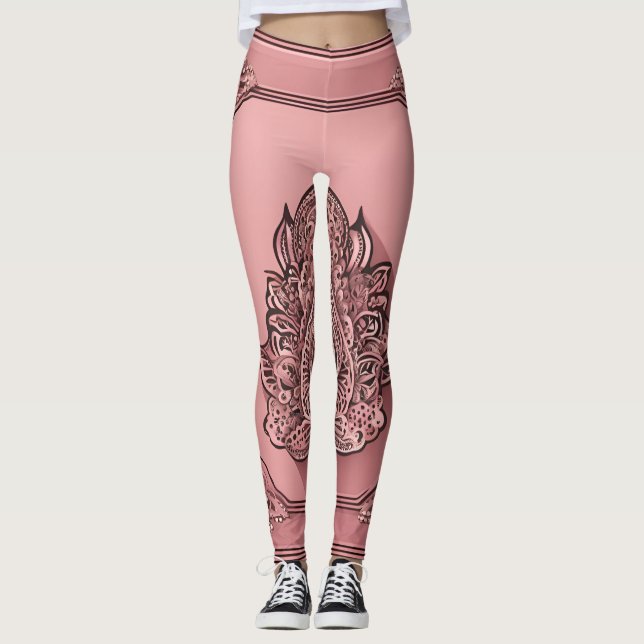 Vibrant Pink Mandela Floral AI art  Leggings (Front)
