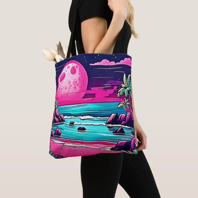Vibrant Pink Moon Beach Tote Bag (Close Up)
