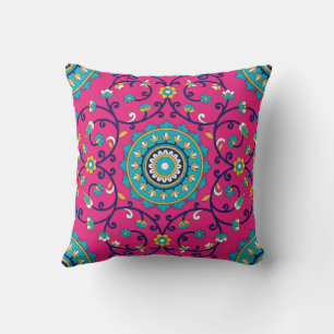 Vibrant Pink Moroccan Boho Floral Tapestry Cushion